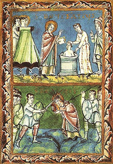 Boniface de Mayence baptisant un converti et martyrisé - Abbaye de Fulda - XIe siècle